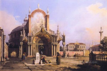  Canaletto Obras - Capriccio de una iglesia redonda con un elaborado pórtico gótico en una plaza, una plaza palladiana y Canaletto de 1755